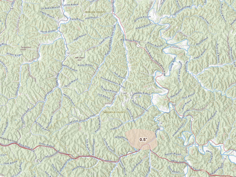 Radar-estimated hail-size map of the storm over Salyersville, KY