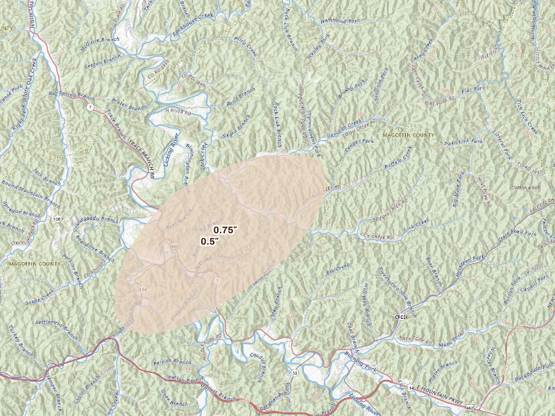 Radar-estimated hail-size map of the storm over Salyersville, KY