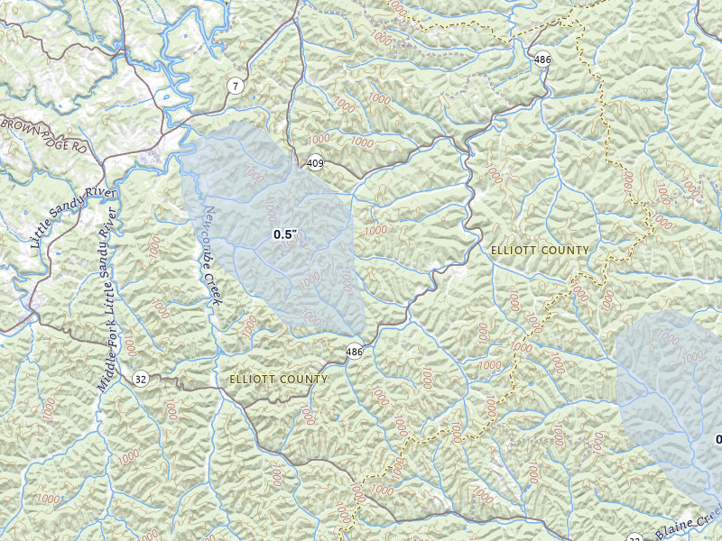 NEXRAD radar-signature map of the hail over Sandy Hook, KY