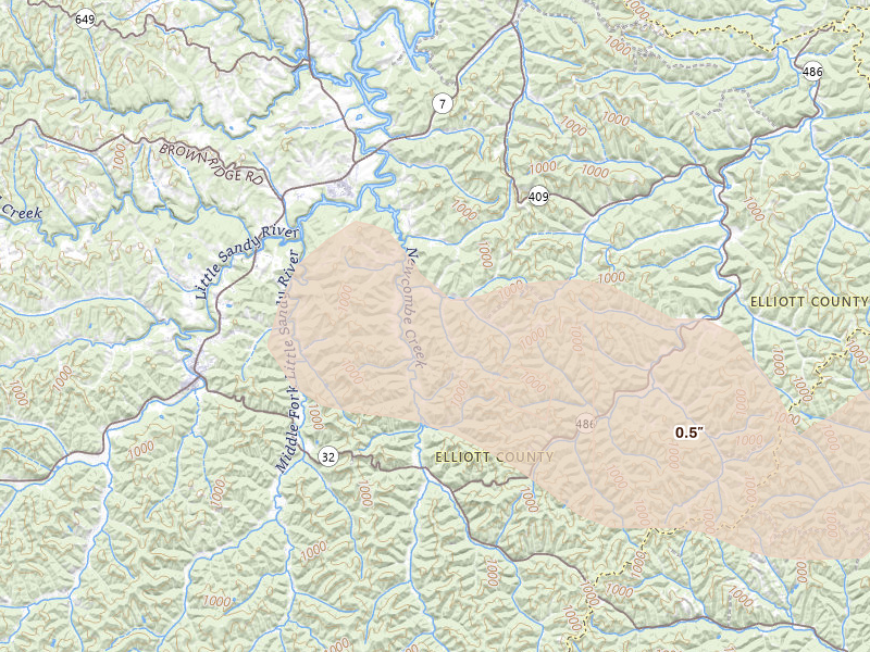 Radar-estimated hail-size map of the storm over Sandy Hook, KY on Aug 11, 2026