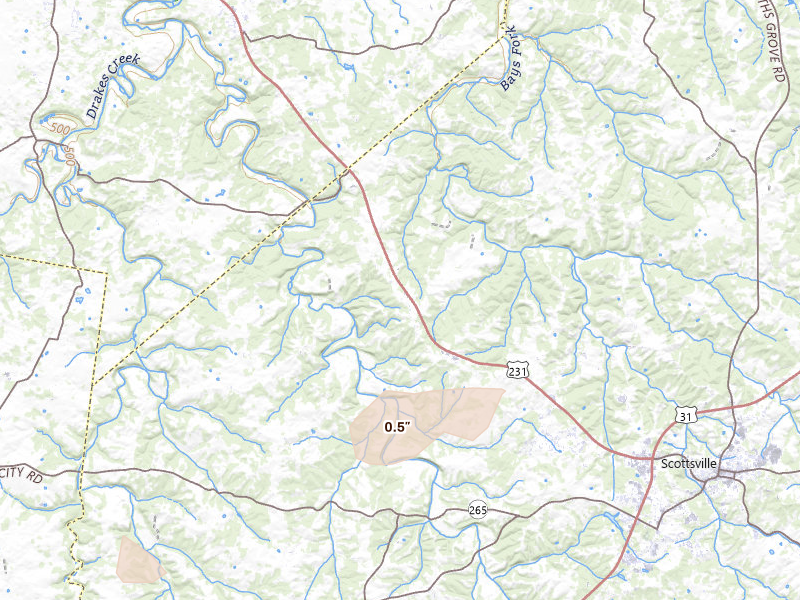 Radar-estimated hail-size map of the storm over Scottsville, KY on Apr 27, 2026