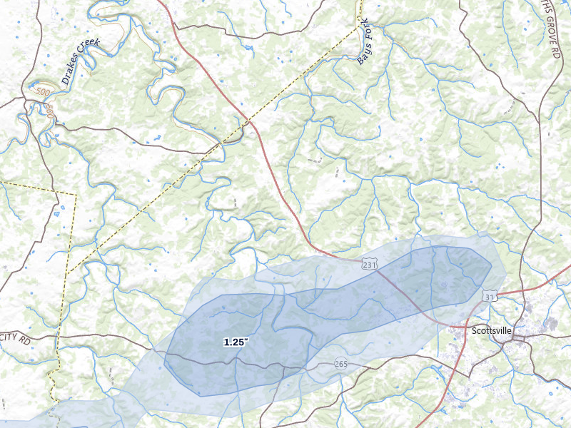 NEXRAD radar-signature map of the hail over Scottsville, KY