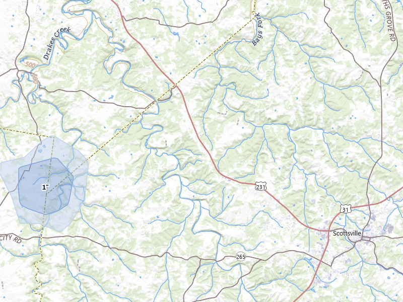 NEXRAD radar-signature map of the hail storm over Scottsville, KY on Jul 10, 2026