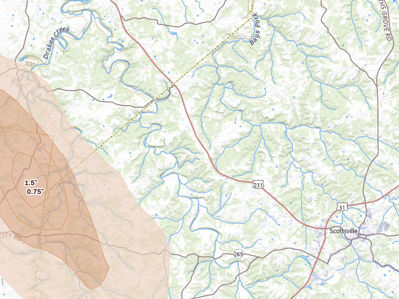 Radar-estimated hail-size map of the storm over Scottsville, KY on Jul 21, 2026