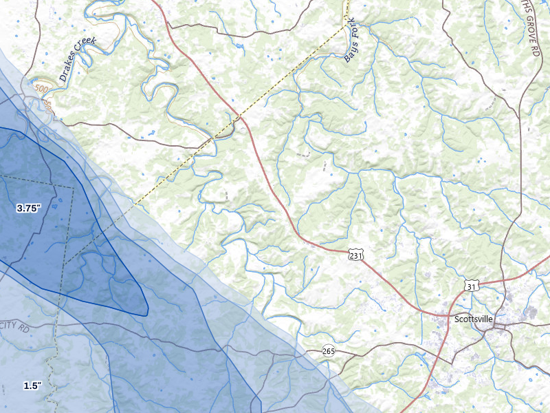 NEXRAD radar-signature map of the hail over Scottsville, KY