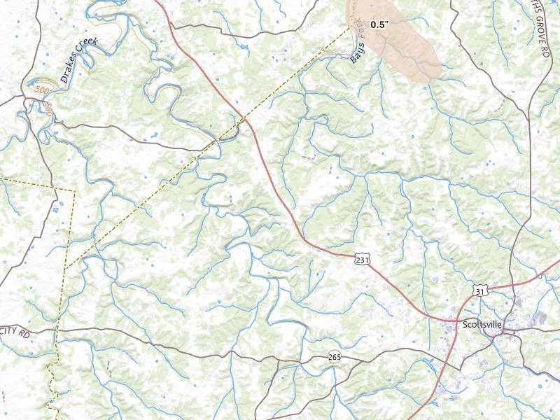 Radar-estimated hail-size map of the storm over Scottsville, KY on Jul 26, 2026