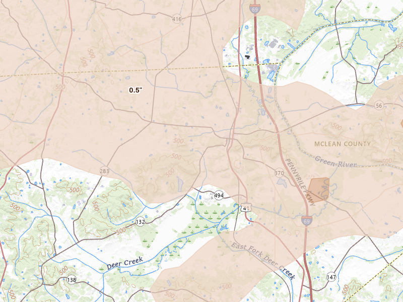Radar-estimated hail-size map of the storm over Sebree, KY on Apr 27, 2026