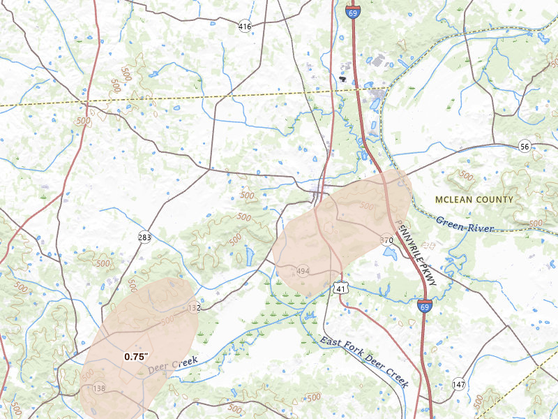 Radar-estimated hail-size map of the storm over Sebree, KY on May 19, 2026
