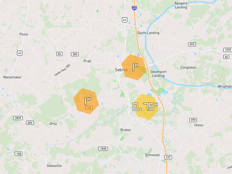 Hail map of Sebree, KY on Jul 21, 2026, hail up to 1"