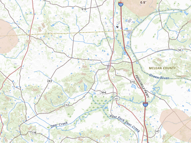 Radar-estimated hail-size map of the storm over Sebree, KY on Jul 26, 2026
