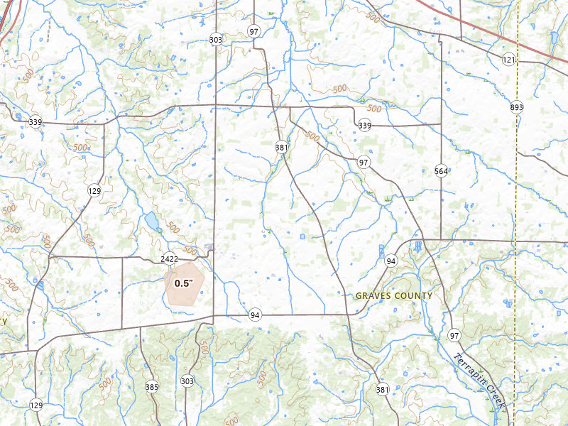 Radar-estimated hail-size map of the storm over Sedalia, KY on Jun 1, 2026