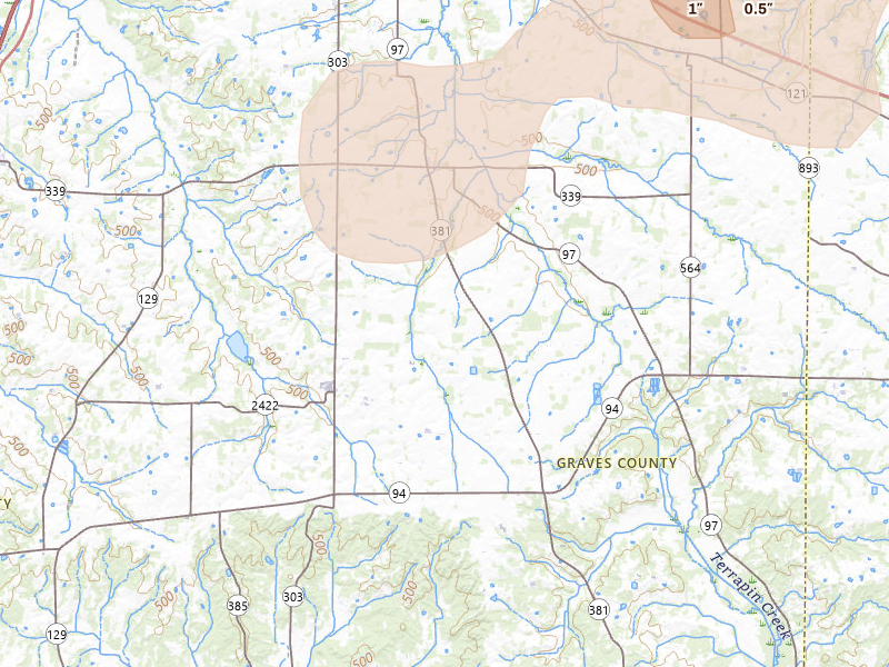 Radar-estimated hail-size map of the storm over Sedalia, KY on Jun 9, 2026