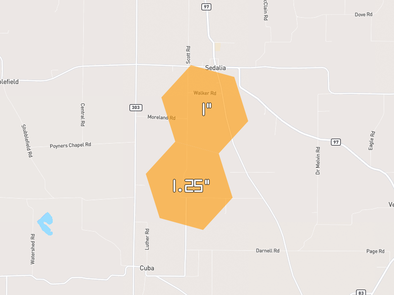 Hail map of Sedalia, KY on Jun 9, 2026, hail up to 1.25"