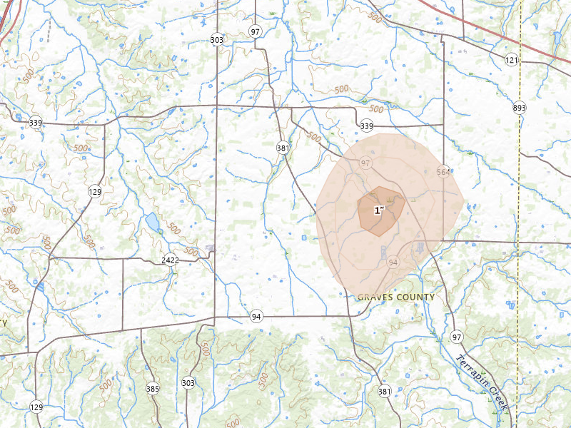 Radar-estimated hail-size map of the storm over Sedalia, KY on Jul 3, 2026