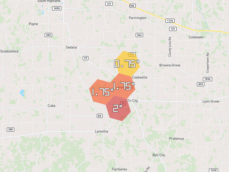 Hail map of Sedalia, KY on Jul 3, 2026, hail up to 2"