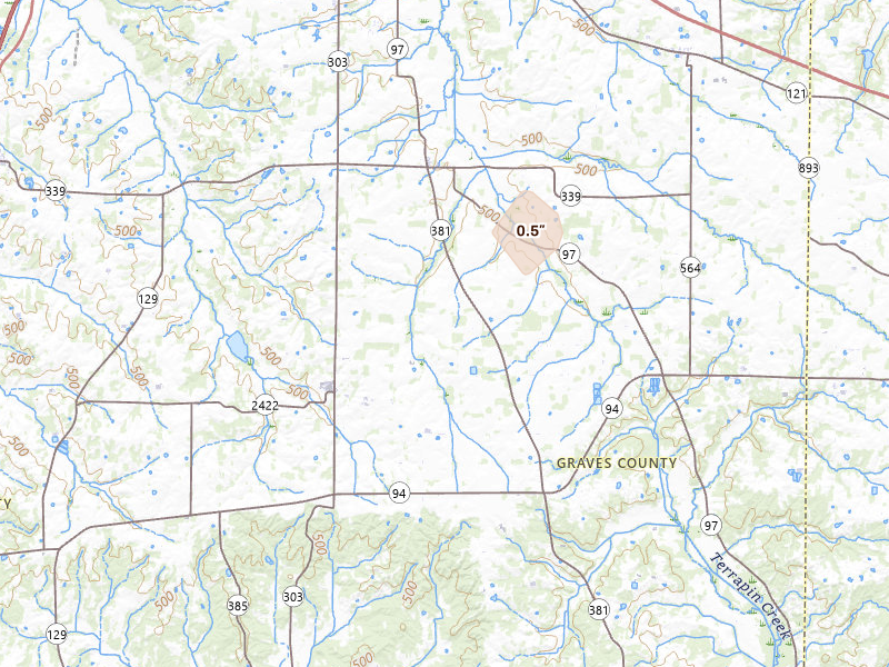 Radar-estimated hail-size map of the storm over Sedalia, KY on Jul 7, 2026