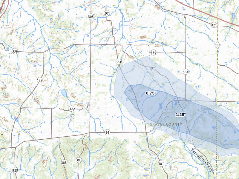 NEXRAD radar-signature map of the hail over Sedalia, KY