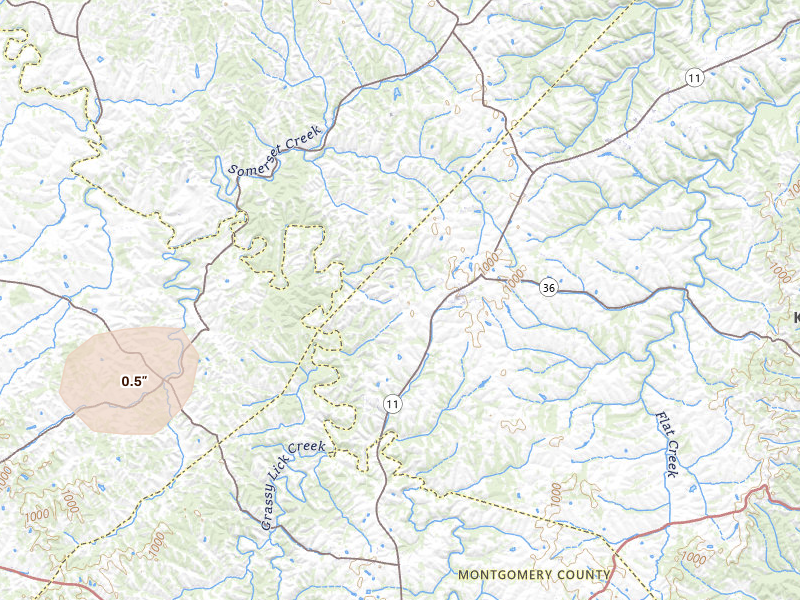 Radar-estimated hail-size map of the storm over Sharpsburg, KY on Apr 1, 2026