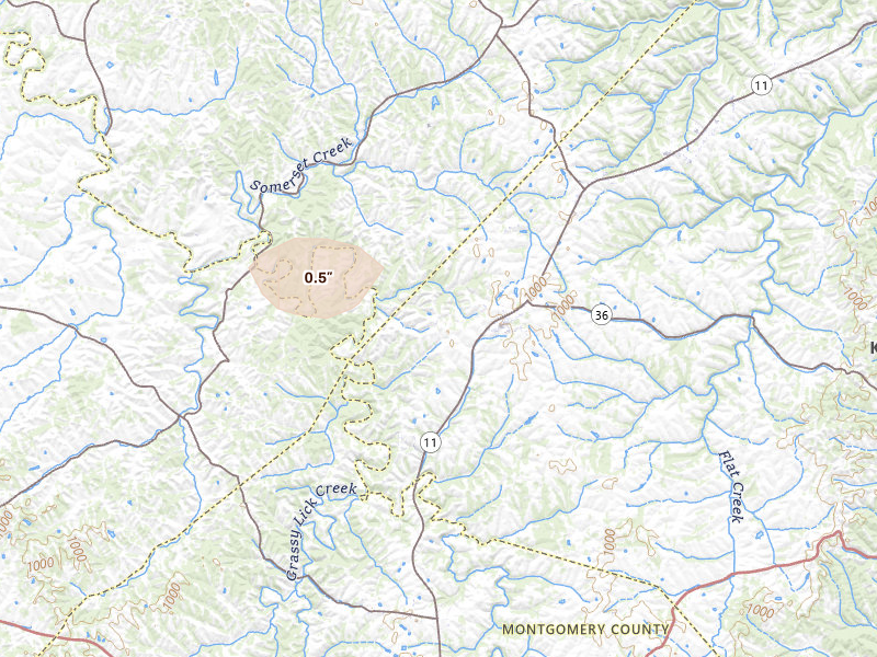 Radar-estimated hail-size map of the storm over Sharpsburg, KY on May 16, 2026