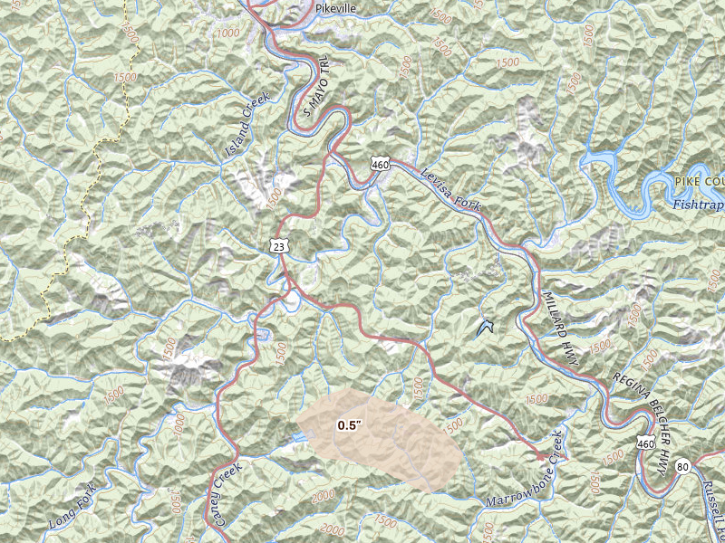 Radar-estimated hail-size map of the storm over Shelbiana, KY on Aug 14, 2026
