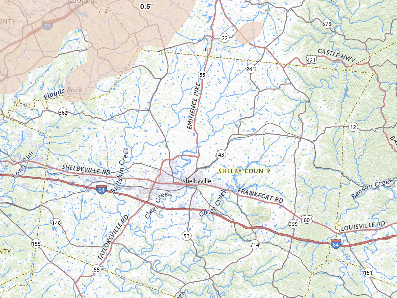 Radar-estimated hail-size map of the storm over Shelbyville, KY on May 16, 2026