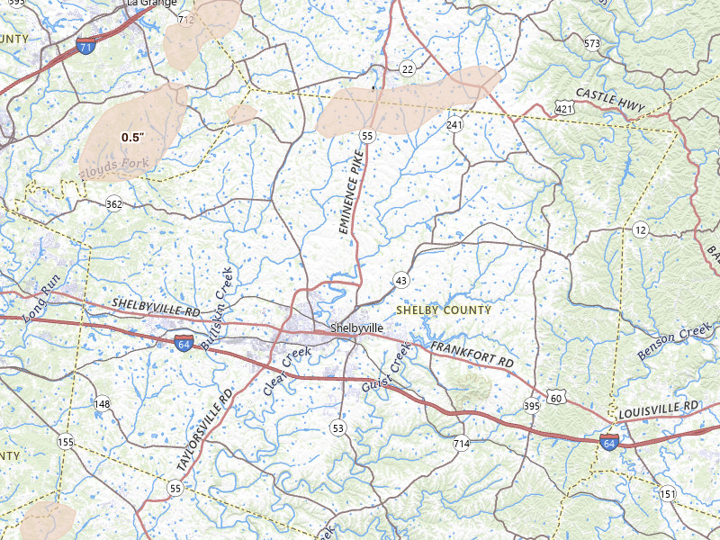 Radar-estimated hail-size map of the storm over Shelbyville, KY on May 19, 2026