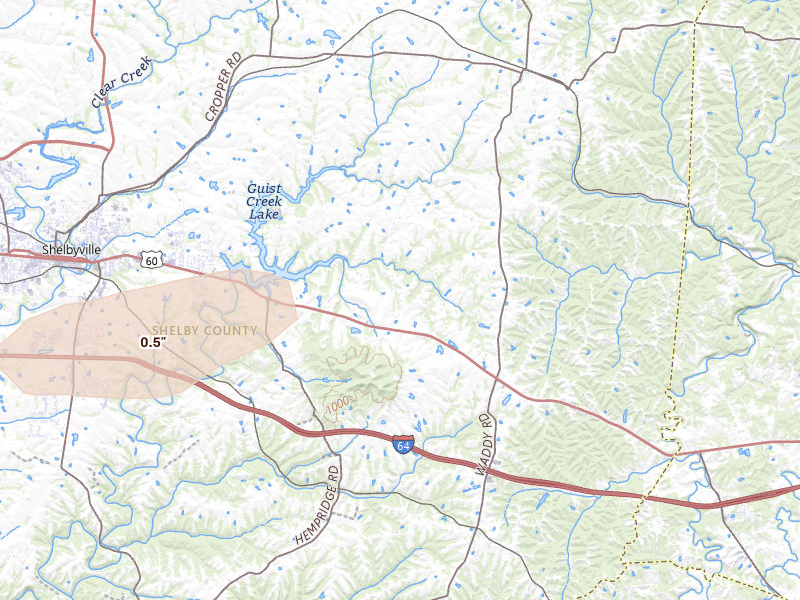 Radar-estimated hail-size map of the storm over Shelbyville, KY on Jun 17, 2026