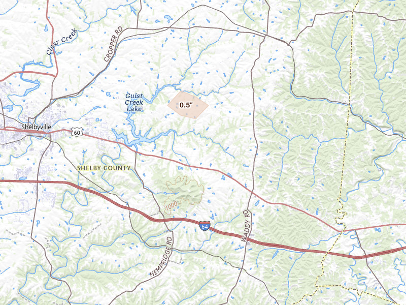 Radar-estimated hail-size map of the storm over Shelbyville, KY on Jun 25, 2026