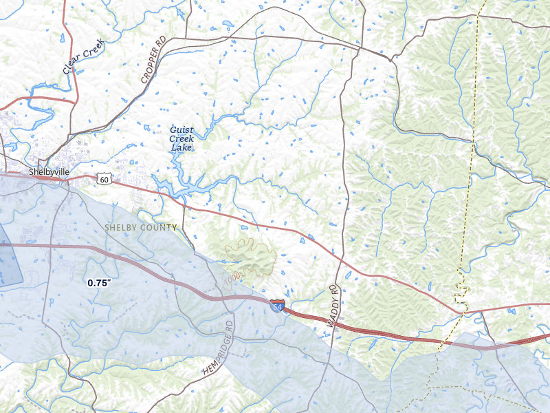 NEXRAD radar-signature map of the hail over Shelbyville, KY