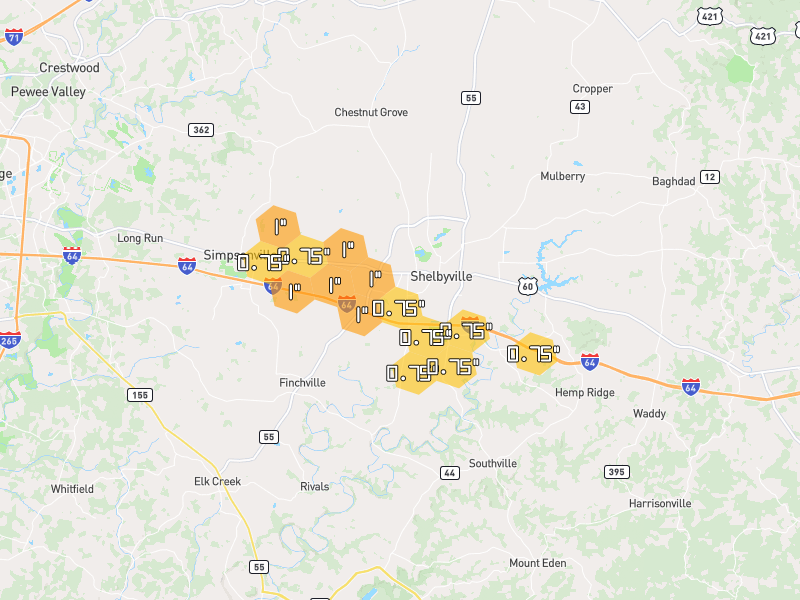 Hail map of Shelbyville, KY on Jul 21, 2026, hail up to 1"
