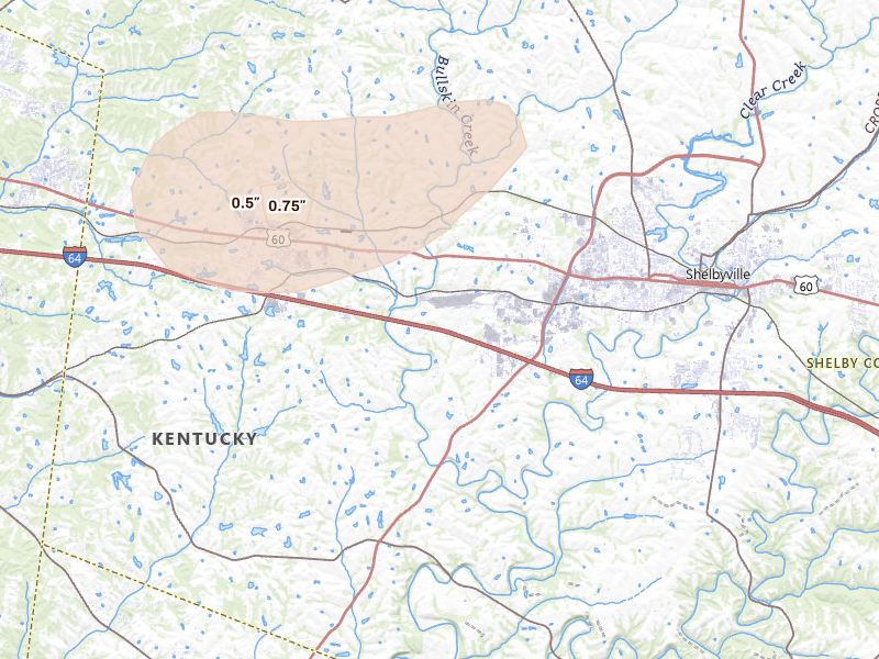 Radar-estimated hail-size map of the storm over Shelbyville, KY on Aug 13, 2026