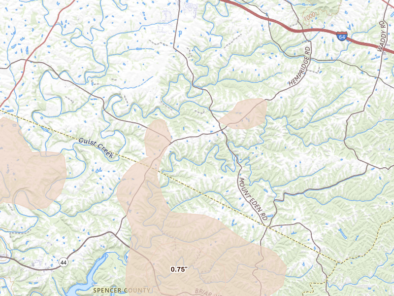 Radar-estimated hail-size map of the storm over Shelbyville, KY on Aug 16, 2026