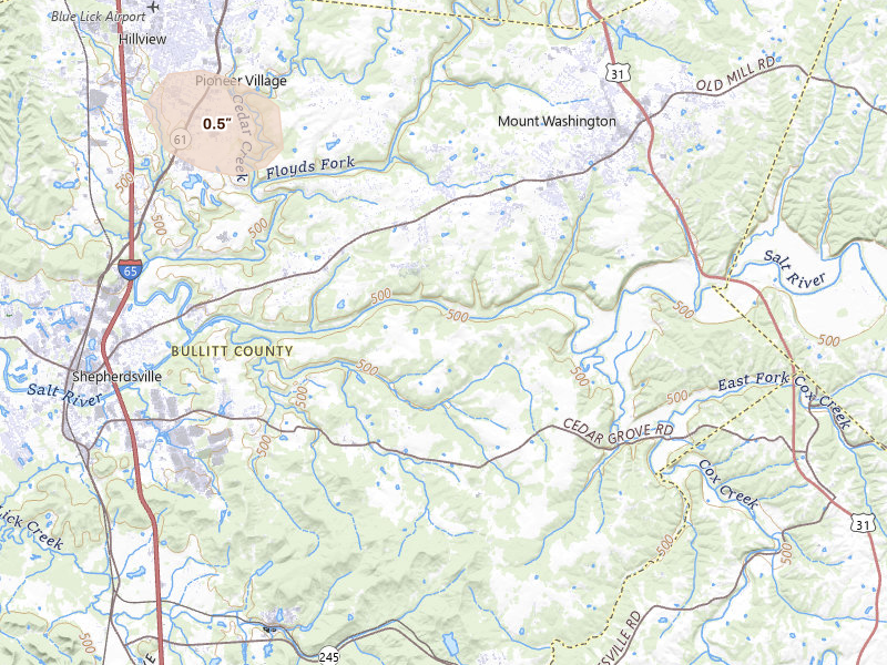 Radar-estimated hail-size map of the storm over Shepherdsville, KY on Jul 21, 2026