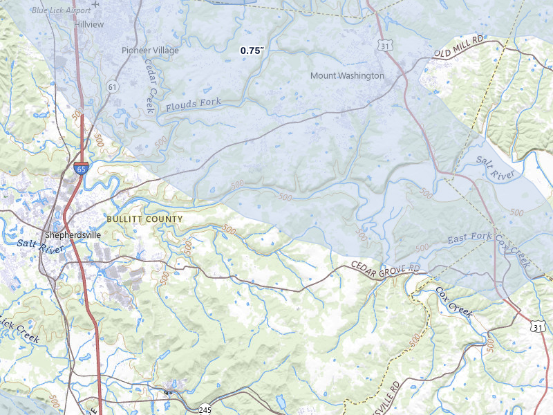 NEXRAD radar-signature map of the hail over Shepherdsville, KY
