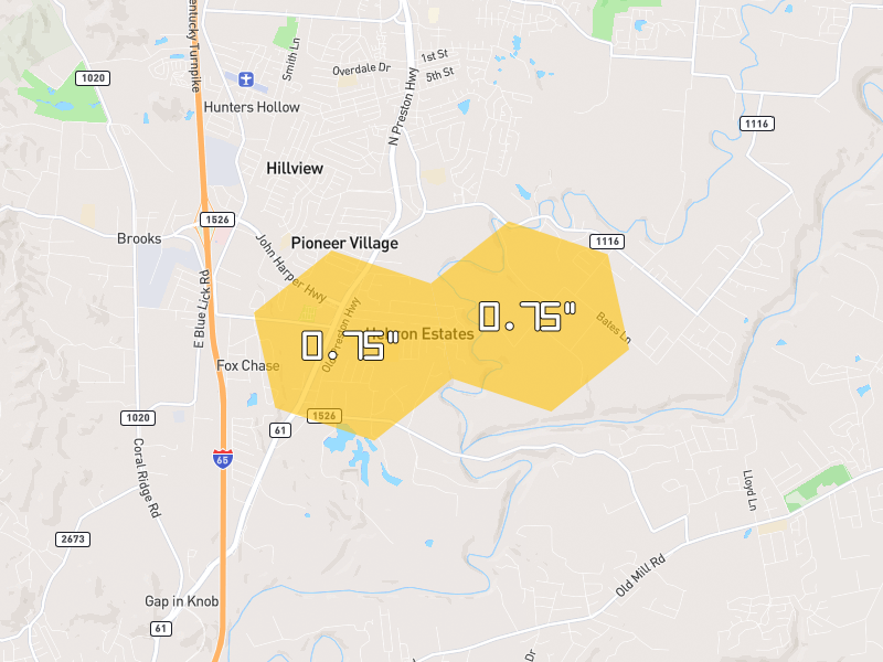 Hail map of Shepherdsville, KY on Jul 21, 2026, hail up to 0.75"