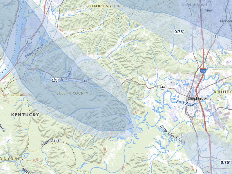 NEXRAD radar-signature map of the hail storm over Shepherdsville, KY on Aug 11, 2026