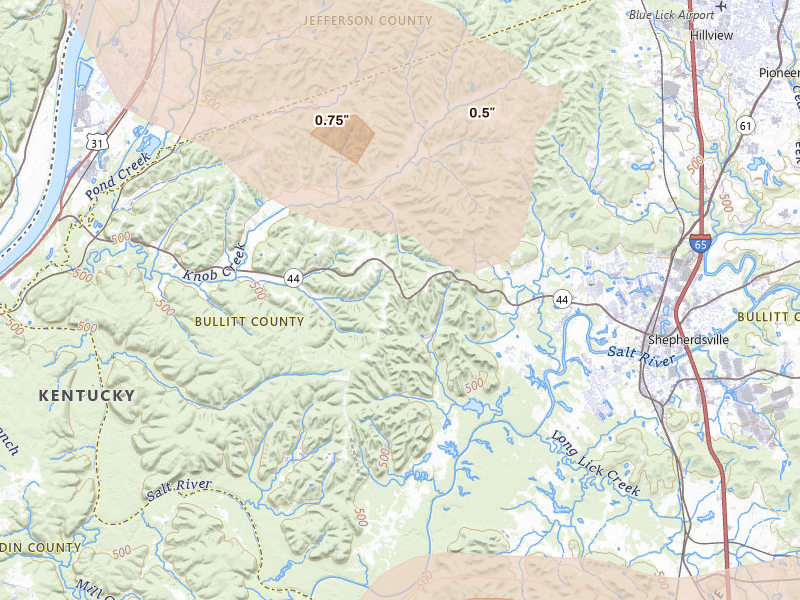 Radar-estimated hail-size map of the storm over Shepherdsville, KY on Aug 16, 2026