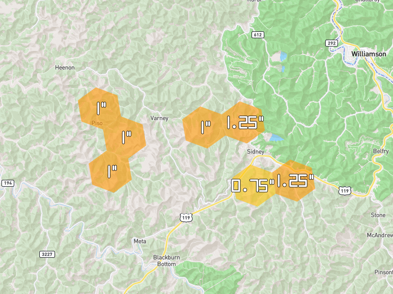 Hail map of Sidney, KY on Jun 26, 2026, hail up to 1.25"