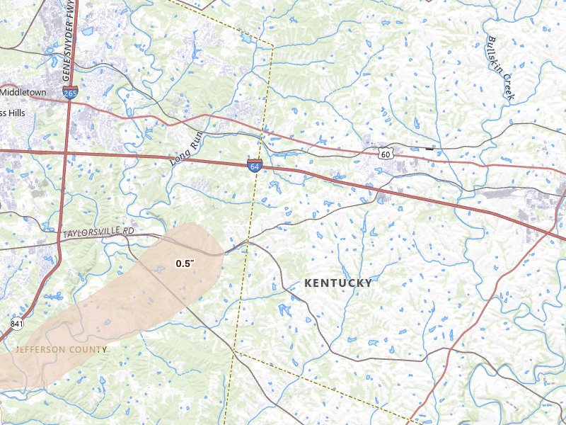 Radar-estimated hail-size map of the storm over Simpsonville, KY on Apr 1, 2026