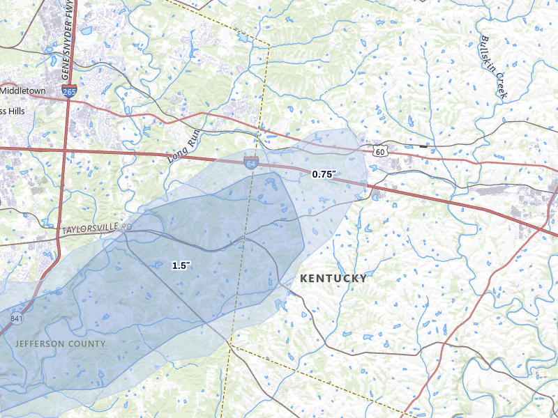 NEXRAD radar-signature map of the hail storm over Simpsonville, KY on Apr 1, 2026