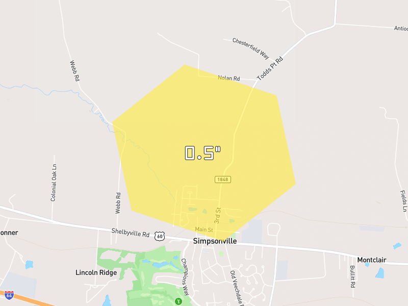 Hail map of Simpsonville, KY on Jul 21, 2026, hail up to 0.5"