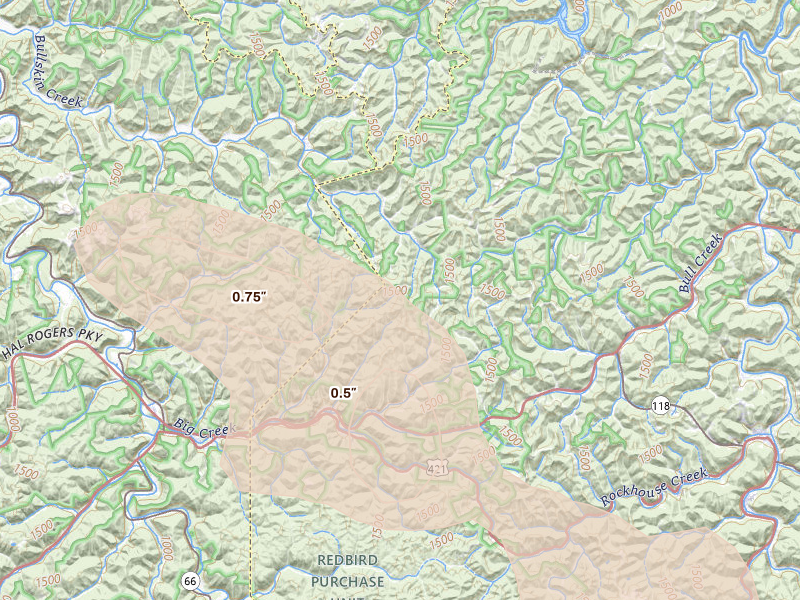 Radar-estimated hail-size map of the storm over Sizerock, KY on Aug 11, 2026