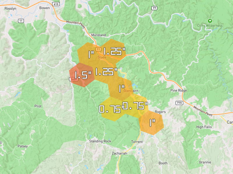 Hail map of Slade, KY on Jul 28, 2026, hail up to 1.5"