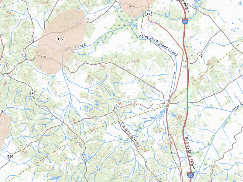 Radar-estimated hail-size map of the storm over Slaughters, KY on May 19, 2026