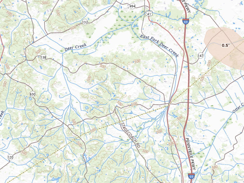 Radar-estimated hail-size map of the storm over Slaughters, KY on Jul 26, 2026