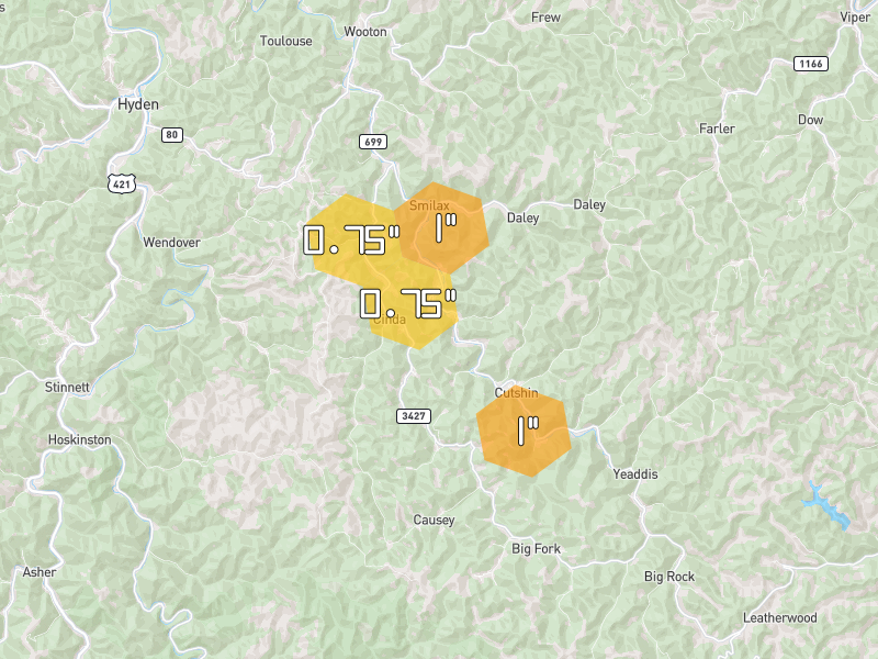 Hail map of Smilax, KY on Jul 28, 2026, hail up to 1"