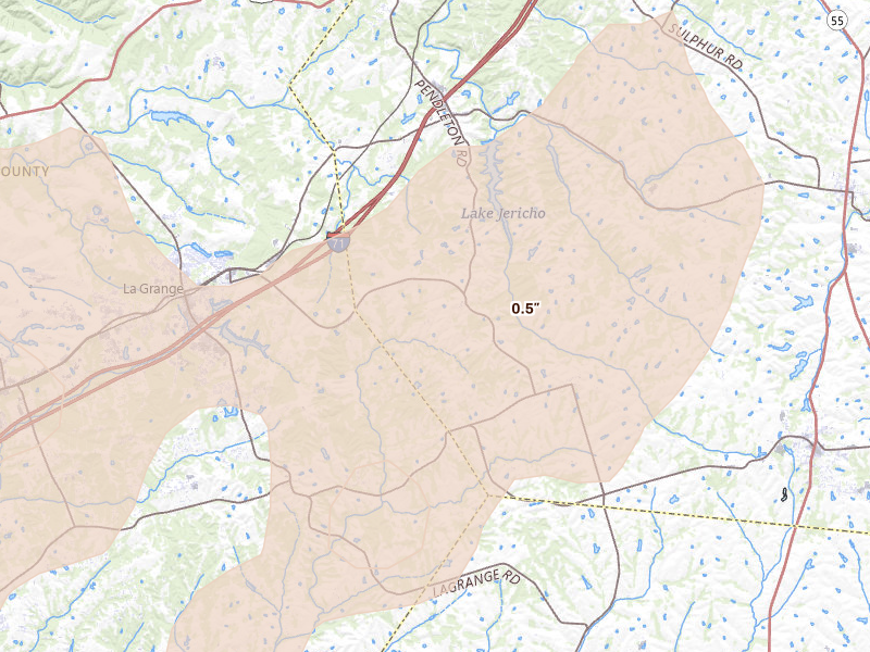 Radar-estimated hail-size map of the storm over Smithfield, KY on May 16, 2026