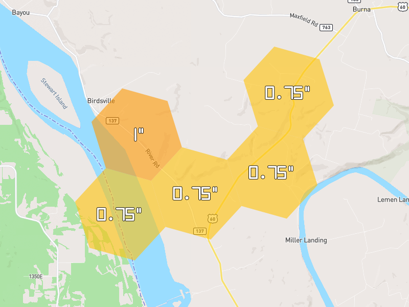 Hail map of Smithland, KY on Jun 9, 2026, hail up to 1"
