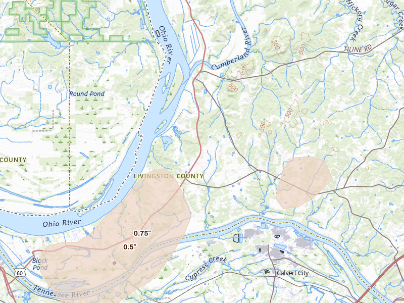 Radar-estimated hail-size map of the storm over Smithland, KY on Jul 3, 2026