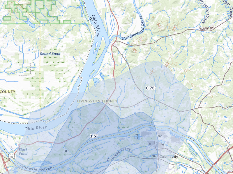 NEXRAD radar-signature map of the hail storm over Smithland, KY on Jul 3, 2026